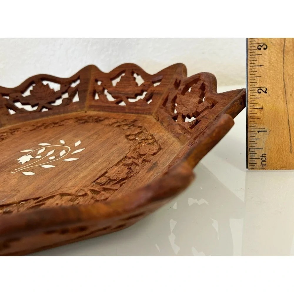 VTG Boho Floral India Folk Art Hand Carved Wood Tray Wall Hanging Octagonal  12